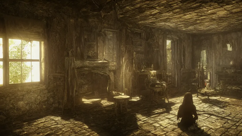 Prompt: a witch sitting in the shadows on the inside of a decrepit cottage, highly detailed interior, hyperrealistic, Cryengine 8k UHD