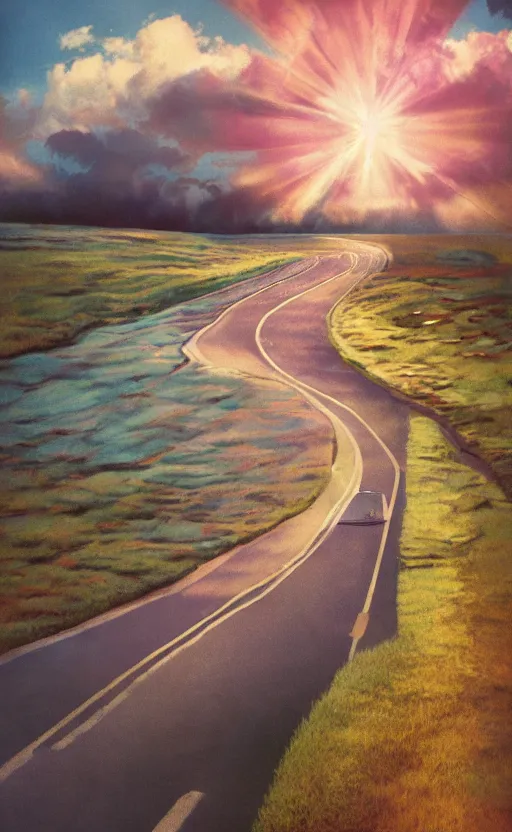 Image similar to paperback book cover. 1 9 5 0 s. pure colors, melting clouds, accurately drawn details, a sunburst above a receding road with the light reflected in furrows and ruts, after rain. photorealistic. octane render. cinematic. trending on artstation.
