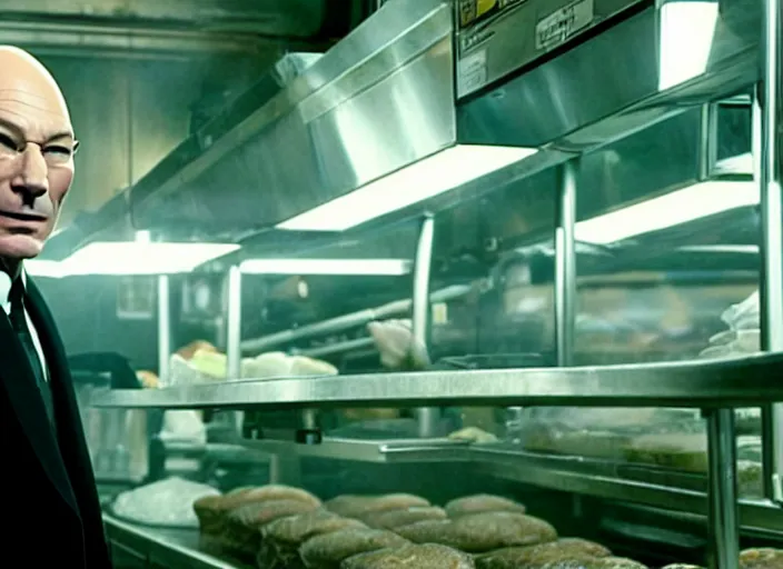 Image similar to film still of patrick stewart as agent smith working in a bakery in the new matrix movie, 4 k