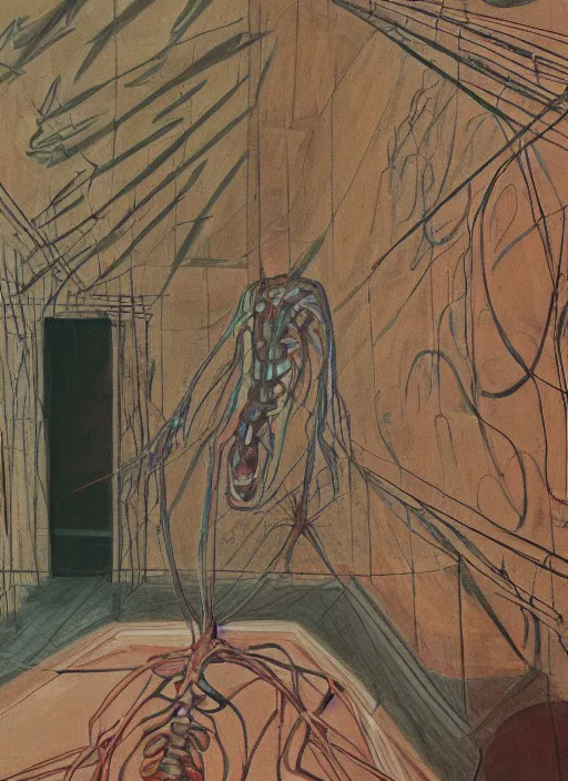 Prompt: a teratoma in the middle of a museum room realizing that he has consciousness painted by hockney and giger