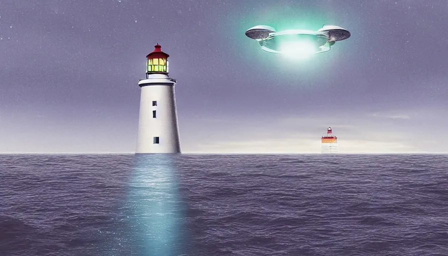 Prompt: a ufo hovers over a lighthouse out at sea, digital art, highly detailed, realistic, bright colors, 8 k