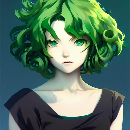 Image similar to detailed portrait art of tatsumaki with green curly hair, art by ross tran ilya kuvshinov krenz cushart, very detailed, intricate, digital anime art, sharp focus