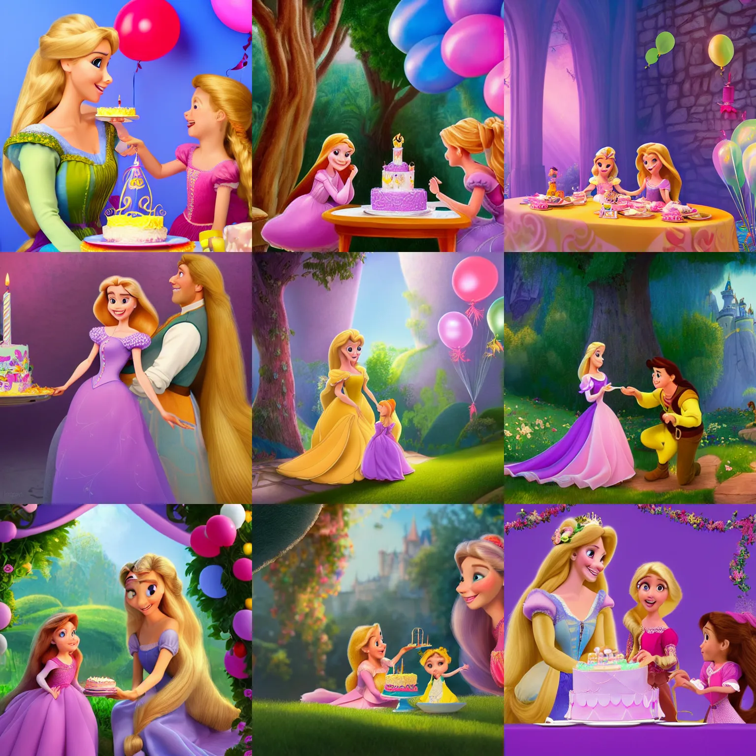 Prompt: a disney children's book illustration of rapunzel and princess sophia at a birthday party eating cake. balloons, bright scene. this 4 k hd image is trending on artstation, featured on behance, well - rendered, extra crisp, features intricate detail, epic composition and the style of unreal engine.
