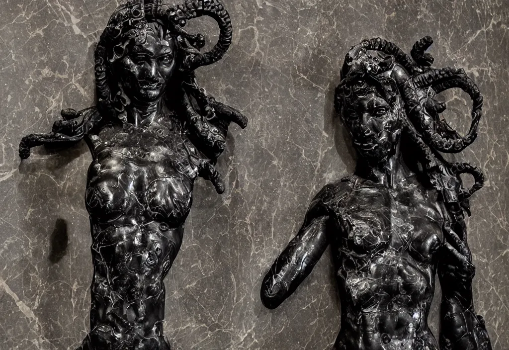 Image similar to high relief greek sculpture of cyborg demon woman, elegant tall, made of polychrome plaster stucco, covered in black shiny metallic paint, middle eastern details, cracked, gyokugan, dirty, low modern faceted style patterns, realistic, on a large marble wall, highly detailed, photography, high contrast, masterpiece,