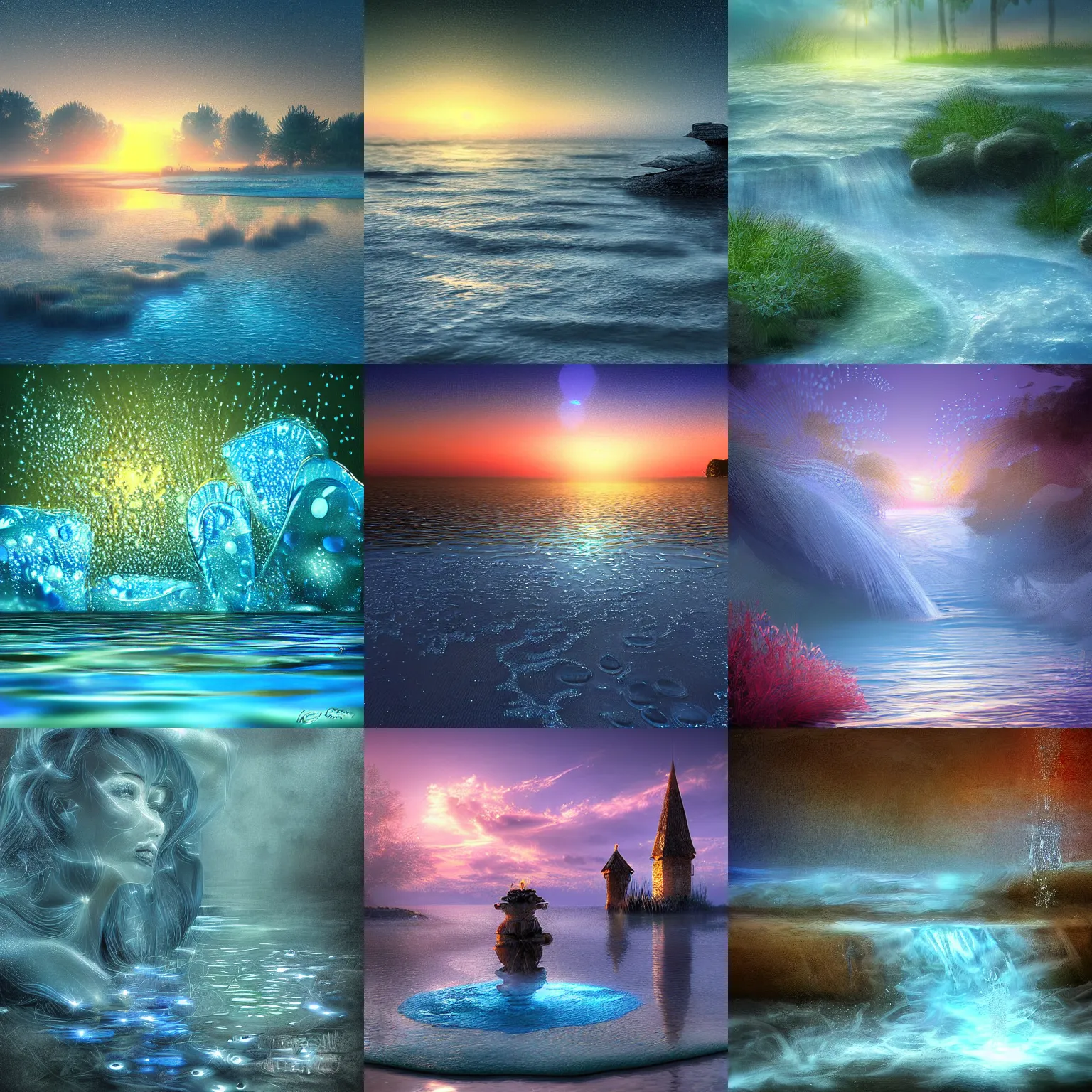 Prompt: closeup fantasy with water magic, at gentle dawn blue light, digital art