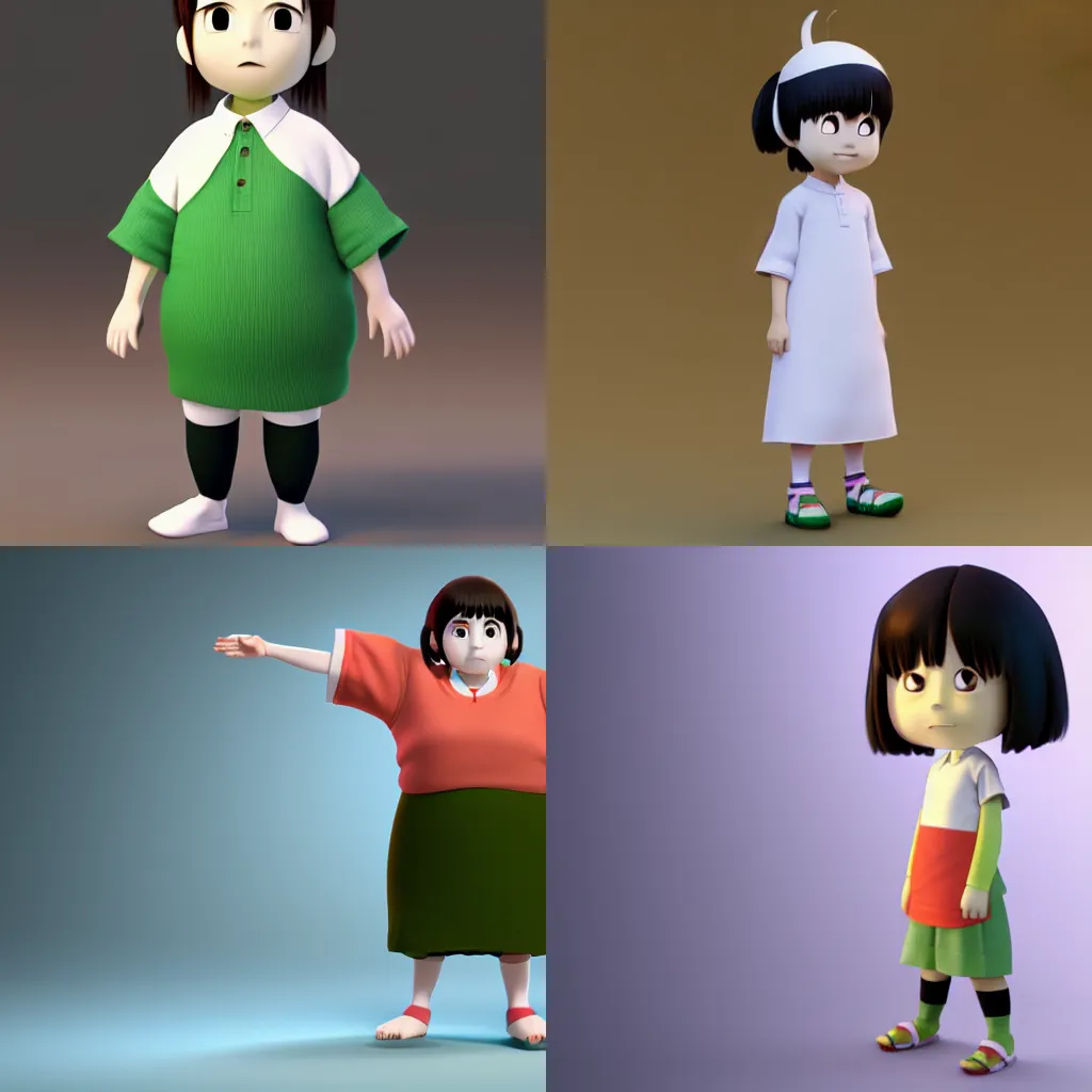 Prompt: full body 3d render of Chihiro (Ghibli's Spirited Away) as a Pixar Character, studio lighting, white background, blender, trending on artstation, 8k, highly detailed