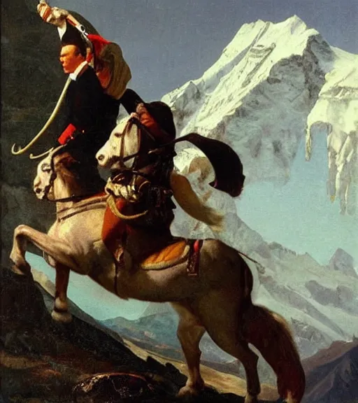 Prompt: gordon ramsay crossing the alps on a ram painting by paul delaroche