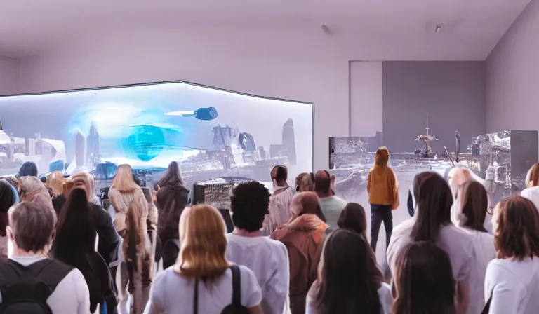 Prompt: crowd of people in simple white museum, looking at hologram of futuristic city on a table, cinematic concept art, godrays, golden hour, natural sunlight, 4 k, clear details, tabletop model buildings, center model buildings, hologram center, crane shot, crane shot, crane shot, white walls