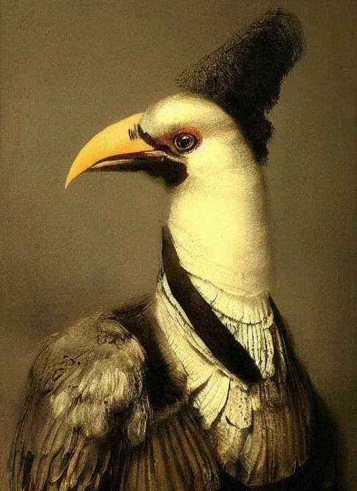 Prompt: beautiful portrait painting of an elegant bird wearing a suit,,,,, by rembrandt