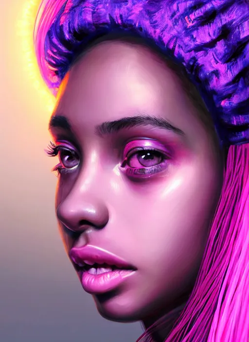 Image similar to portrait of teenage vanessa morgan with bright pink hair, black girl, curly pixie cut hair, wearing a purple breton cap, breton cap, hoop earrings, intricate, elegant, glowing lights, highly detailed, digital painting, artstation, concept art, smooth, sharp focus, illustration, art by wlop, mars ravelo and greg rutkowski