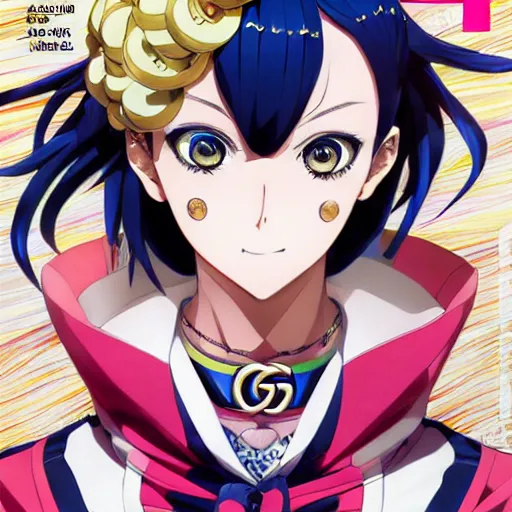 Image similar to Magazine Cover Anime key visual of a Gucci girl; official media; typography; drawn by Hirohiko Araki; Jojo's Bizarre Adventure; Jojolion, portrait, made by Stanley Artgerm Lau, WLOP, Rossdraws, James Jean, Andrei Riabovitchev, Marc Simonetti, Yoshitaka Amano, ArtStation