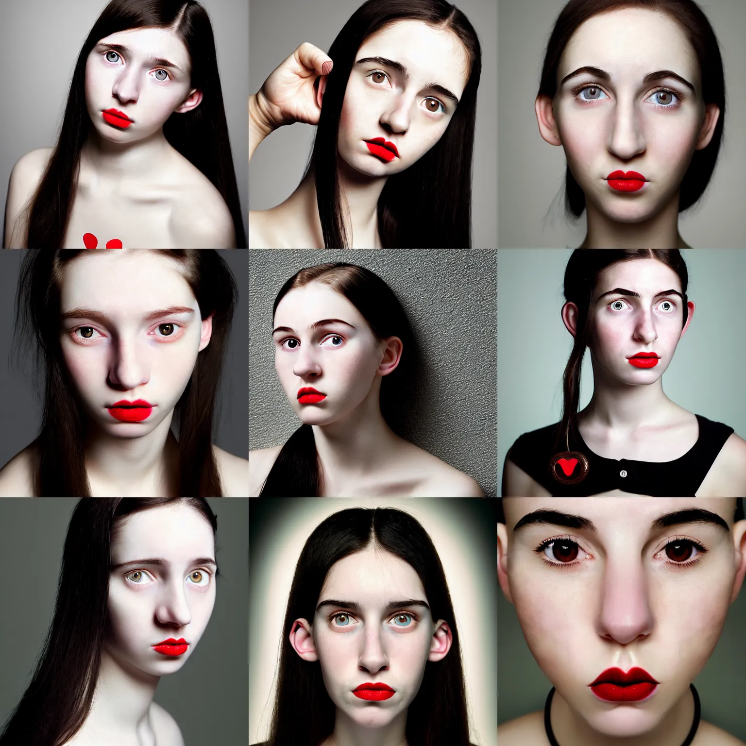 Prompt: portrait of a 2 2 year - old woman, heart shaped face, pale ivory skin, downturned hazel eyes, button nose, thin red lips, natural straight black eyebrows, small round ears, long thing black hair, hdr photo, beautiful, intricate facial features, by martin schoeller