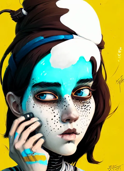 Image similar to highly detailed portrait of a sewer punk 2 1 year old lady with white graffiti face paint by atey ghailan, james gilleard, by joe fenton, by greg rutkowski, by greg tocchini, by kaethe butcher, 4 k resolution, gradient yellow, black, brown and cyan color scheme, grunge aesthetic!!! ( ( dystopian graffiti tag wall in background ) )