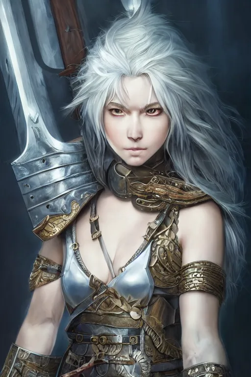 Image similar to A realistic anime portrait of a beautiful white haired female barbarian wearing an intricate viking armor, digital painting, by Stanley Artgerm Lau, Sakimichan, WLOP and Rossdraws, digital painting, painterly, Pixiv, Deviantart, golden ratio, rule of thirds, good composition, HD, 8k, award winning, promo art, splash art, rpg, jrpg, dungeons and dragons, DND, trending on ArtStation