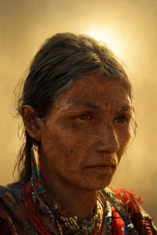 Image similar to aztec citizen, close - up portrait, poor, intricate, elegant, volumetric lighting, scenery, digital painting, highly detailed, artstation, sharp focus, illustration, concept art, ruan jia, steve mccurry