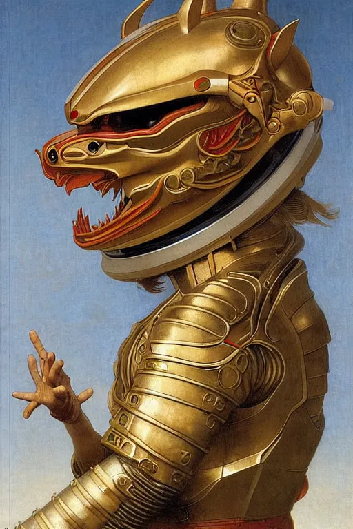 Image similar to portrait of a astronaut is a chinese dragon in armor and helmet, majestic, solemn, symmetrical, detailed intricate, hyper realistic, by bouguereau