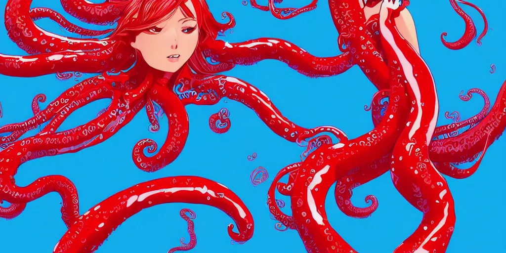 Prompt: a 2 meter woman white skin red dress standing in the middle of the image, gradient background, behance illustration, vector drawing, art by gibli studios, anime, tentacles wallpaper, sun, water splashed, high detailed, sharp focus, blue