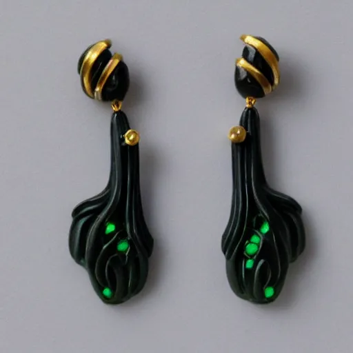 Prompt: artnouveau alien goddess earrings made by René lalique in black, white and emerald and gold