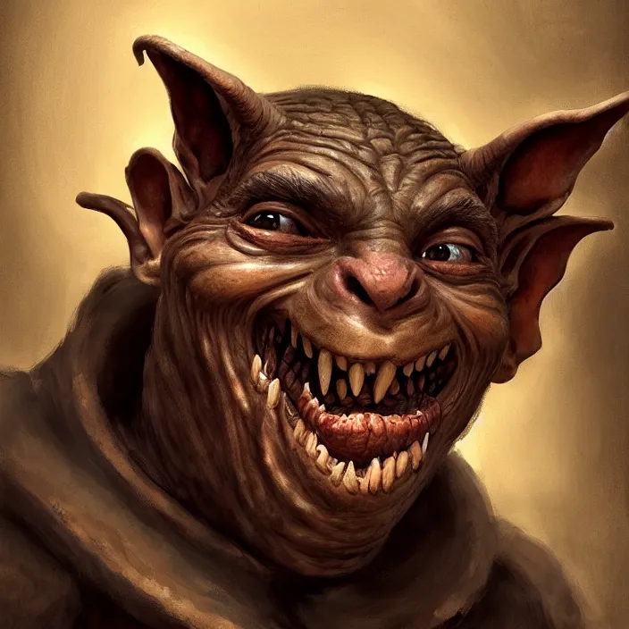 Image similar to profile face portrait of a medieval goblin eating cakes in the cloisters, beautiful face, hyper realistic, highly detailed, digital painting, artstation, illustration, concept art by hyung tae and frank frazetta, digital paint, matte paint, washed colors, dark, gloomy