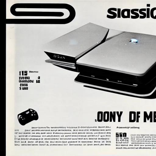 Prompt: 1 9 6 0's magazine ad featuring a photo of a playstation 5. 3 5 mm, black and white, advertising photography