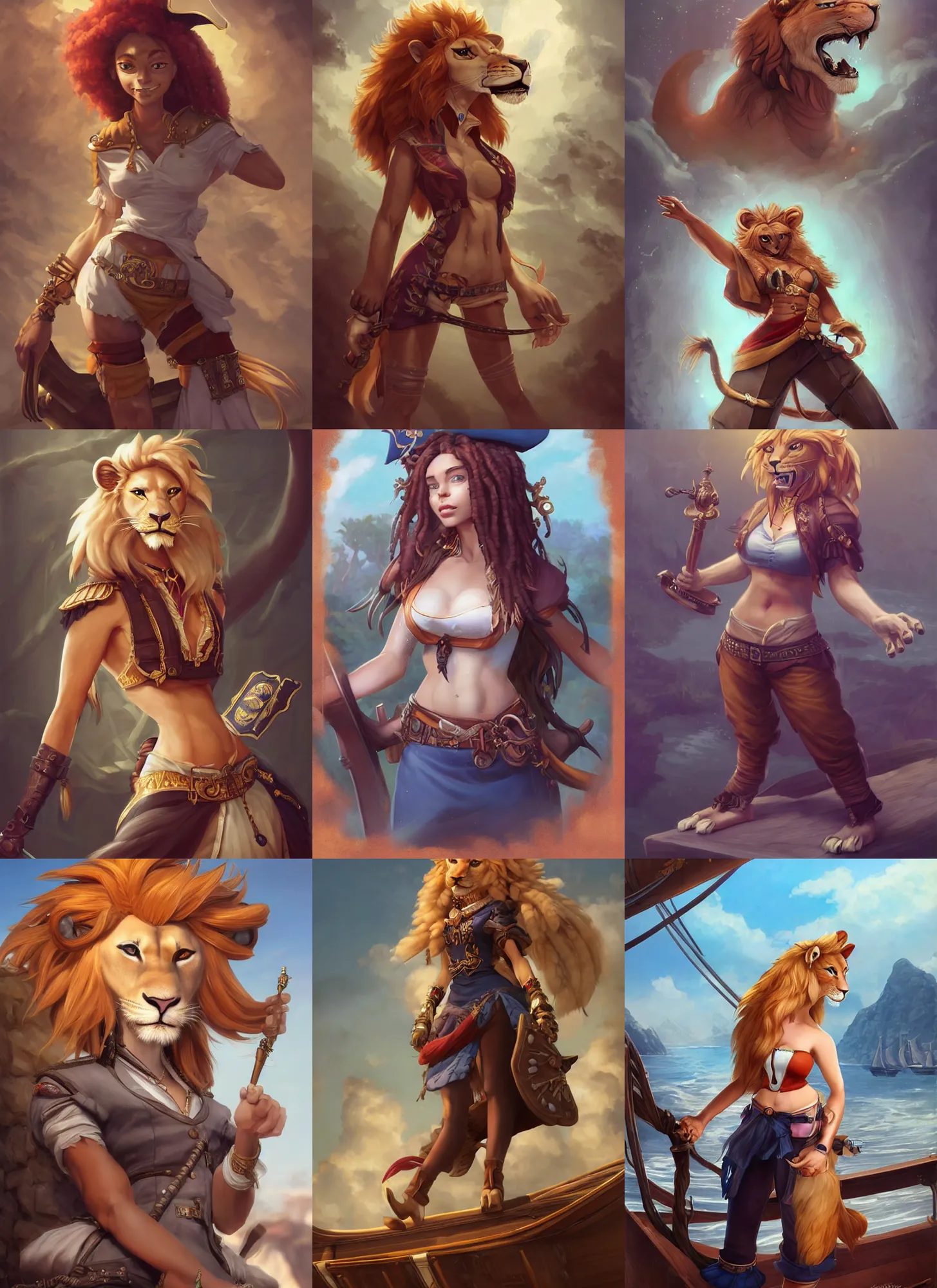 Prompt: beautiful portrait of a female anthropomorphic lioness fursona dressed as a pirate captain on a pirate ship. exposed midriff and visible abs. character design by charlie bowater, ross tran, artgerm, and makoto shinkai, detailed, soft lighting, rendered in octane