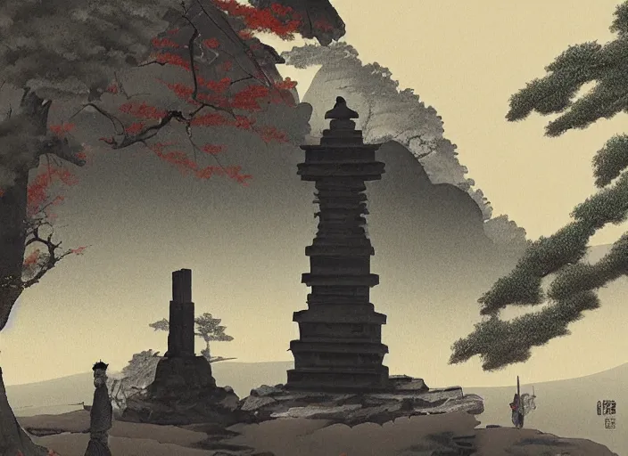 Image similar to japanese painting of a monument by watanabe kazan and gu kaizhi 8 k 3 d and cgsociety