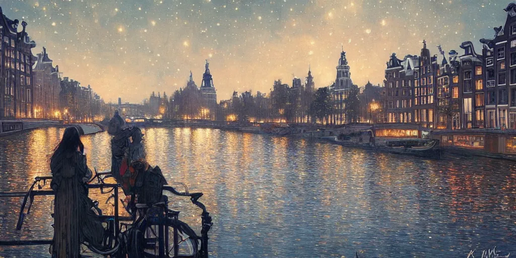 Image similar to a view from the amstel river in amsterdam at night with the sky full of stars, intricate, elegant, highly detailed, digital painting, artstation, concept art, smooth, sharp focus, colored illustration for tattoo, art by krenz cushart and artem demura and alphonse mucha