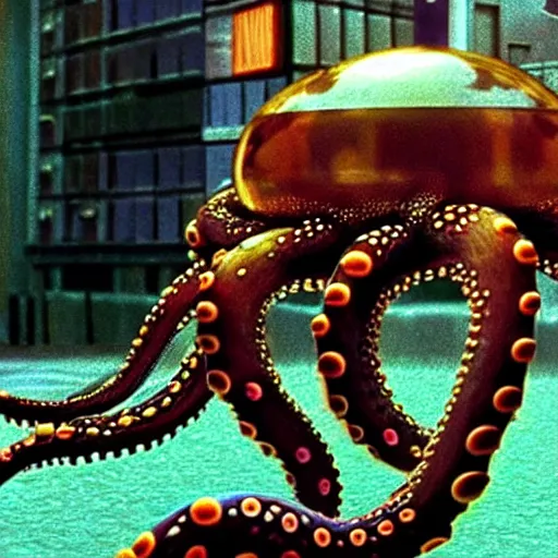 Image similar to hyperrealism photography in araki nobuyoshi style computer simulation visualisation of detailed octopus riding on a astronaut back in the detailed ukrainian village in dramatic scene from movie the big lebowski ( 1 9 9 8 )