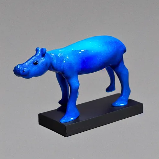 Prompt: small hippopotamus sculpture on a desk with bottom part and legs made out of wood and back and top part out of blue epoxy sculpture, mix, decorative small, 3 5 mm macro photography, studio