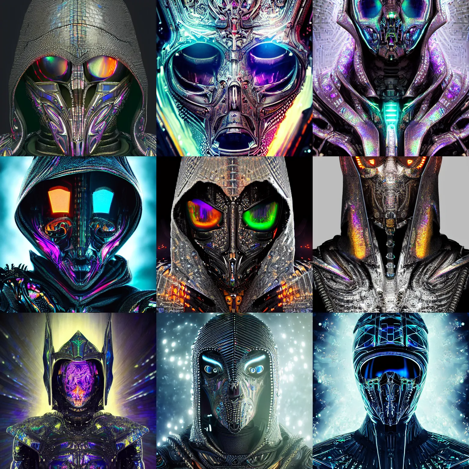Prompt: Ultra realist and ultra intricate dark detailed painting of an powerful hooded armor iridescent assassin king, human face biomechanical complex body with iridescent microchips, 3D render, symmetry, rich style, glowing iridescent sparks and smoke behind, crystallic cyberpunk megastructure background, artstation, colorful, badass, dark ominous stealth, unreal render, rainbow, lens flaring, depth of field