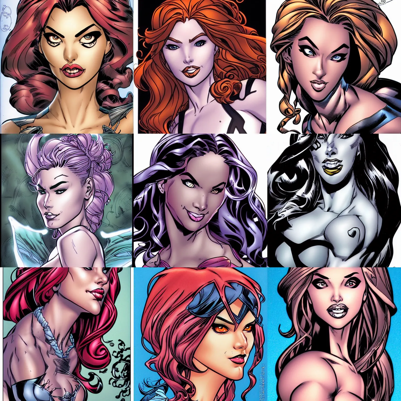 Prompt: headshot of beautiful! female , comic book drawing by j scott campbell