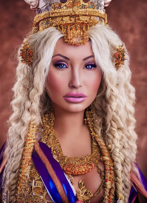 Prompt: portrait of lindsey pelas as a javanese princess, by charlotte grimm, natural light, detailed face, beautiful features, symmetrical, canon eos c 3 0 0, ƒ 1. 8, 3 5 mm, 8 k, medium - format print, half body shot