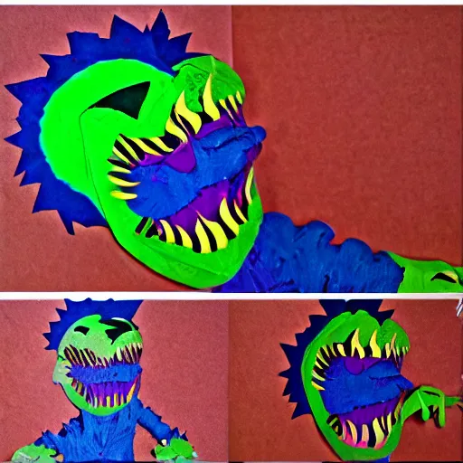 Prompt: a psychedelic overly scary monster made out of cardboard