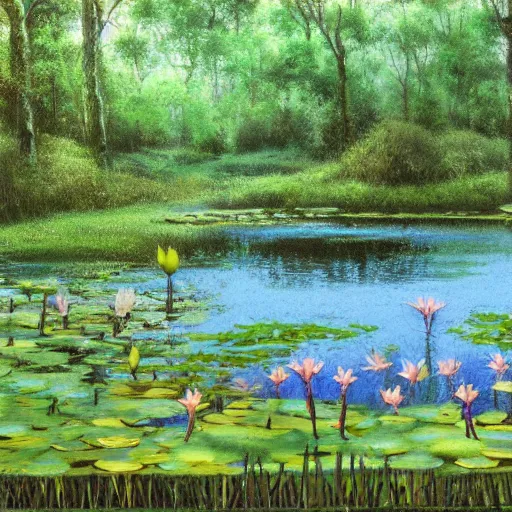 Prompt: a pond with water lillies in the forest, photorealistic,