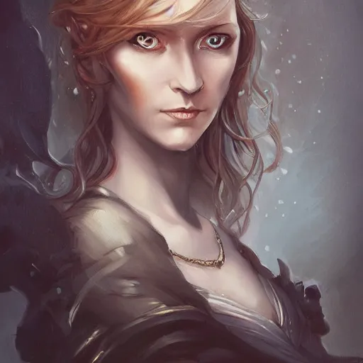 Image similar to a detailed matte head - on portrait painting of an middle - aged half - tiefling noblewoman with golden eyes and short well kept hair, by charlie bowater, lise deharme, wlop, tending on arstation, dungeons and dragon, dnd, pathfinder, fanart, oil on canvas