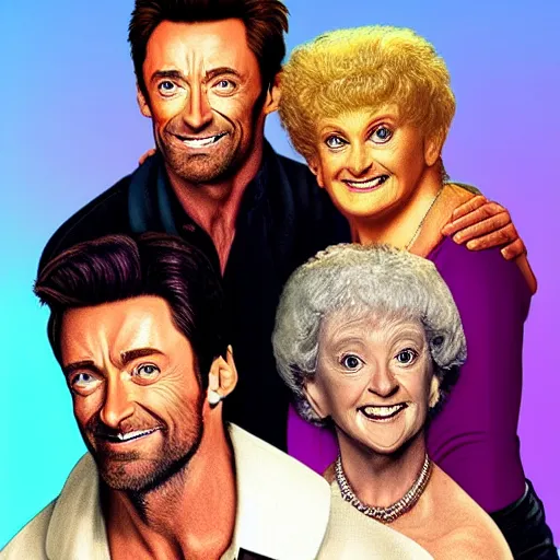 Prompt: Hugh Jackman as every character in the Golden Girls tv show. Digital art, ultra realistic.