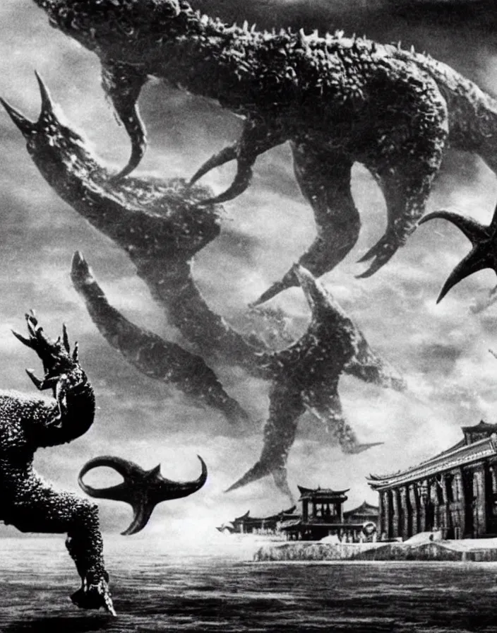 Image similar to a filmstill of a north korean monster movie, kaiju - eiga monster with starfish - arms trampling a traditional korean palace, foggy, film noir, epic battle, etheral, explosions, communist propaganda, communist epic thriller produced by kim jong - il, cinematography by akira kurosawa and tim burton, video compression