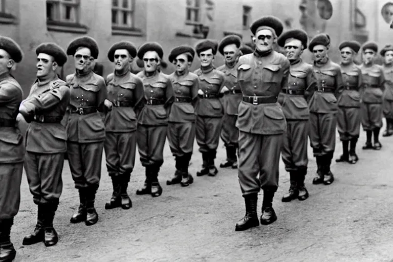 Prompt: minions as german soldiers in ww 2, goose stepping, military parade, dress uniforms