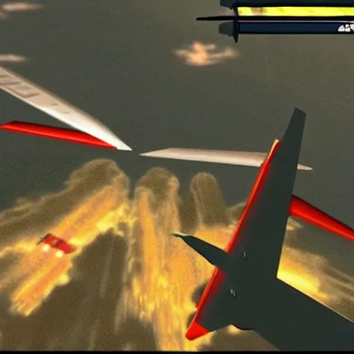 Image similar to a screenshot from the video game super 9 / 1 1, in which players control planes and intend to hit as many towers as possible