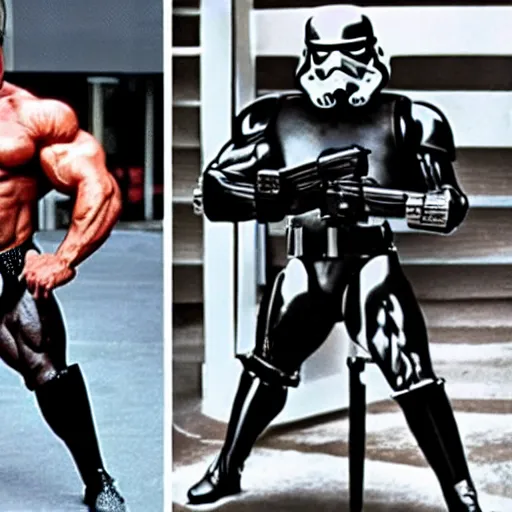 Image similar to Arnold Schwarzenegger bodybuilding as a stormtrooper