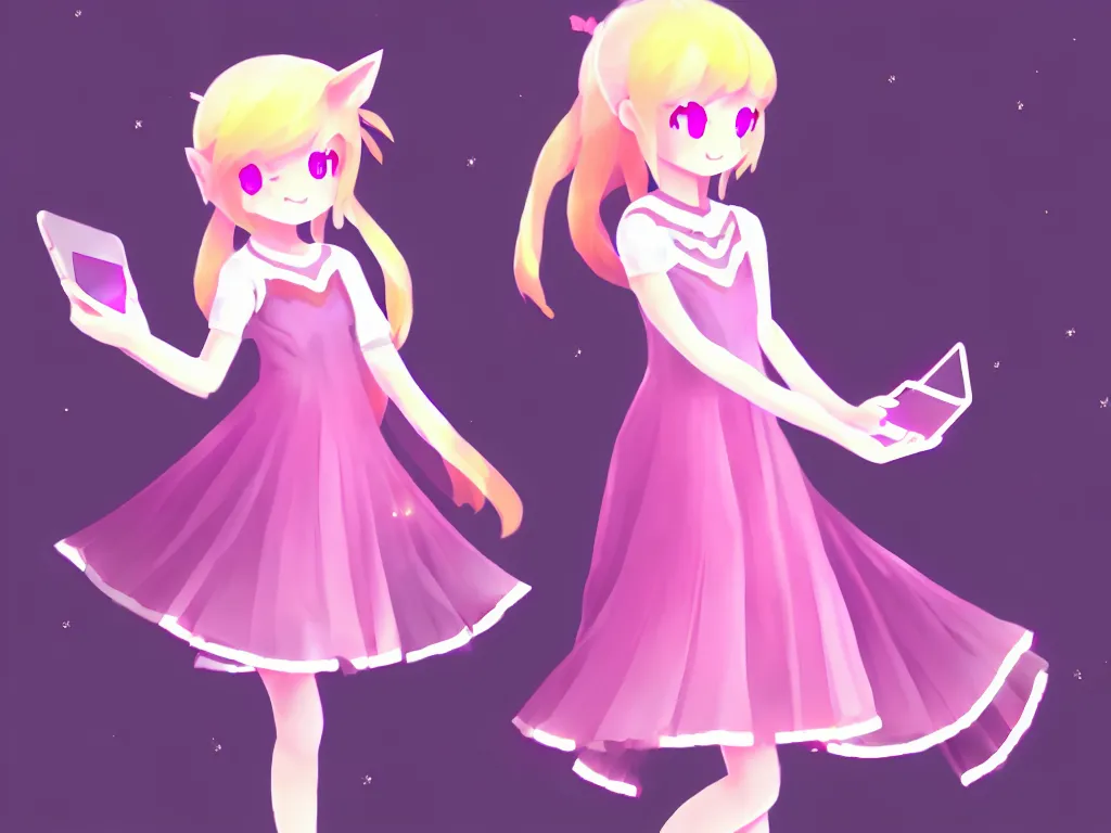 Image similar to young girl, smile, light dress, mobile game, cute, illustration, d & d, twilight ray