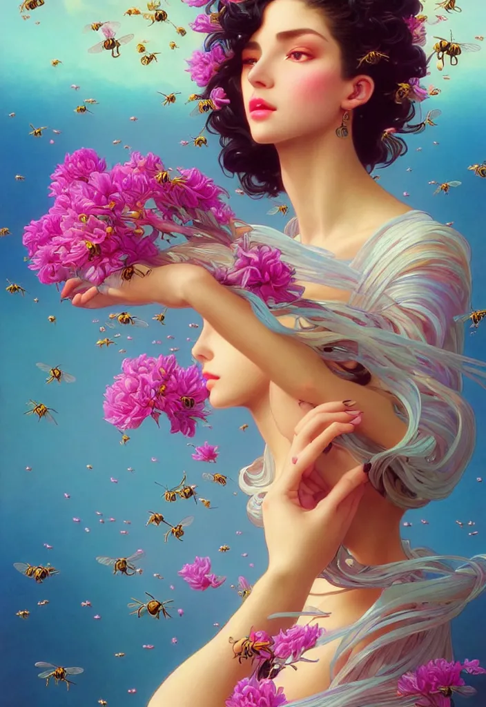 Image similar to young beautiful woman, gorgeous face, vaporwave aesthetic, synthwave, colorful, psychedelic, artstation, flowers, bees, ribbons, concept art, luxurious silvery gown, smooth, extremely sharp detail, finely tuned detail, 8 k, unreal engine 5, ultra sharp focus, illustration, art by artgerm and greg rutkowski and alphonse mucha