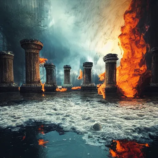 Prompt: big crumbling pillars over raging turbulent waters, conflagration in the background a lot of fire, hyper realistic, highly detailed, digital art, apocalyptic, intimidating lighting, raytracing, sharp focus, smooth, romanticism