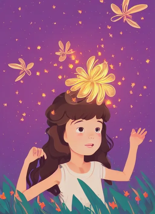 Image similar to little girl with wavy curly light brown hair chasing fireflies in the woods. wearing a flower crown. clean cel shaded vector art. shutterstock. behance hd by lois van baarle, artgerm, helen huang, by makoto shinkai and ilya kuvshinov, rossdraws, illustration, art by ilya kuvshinov