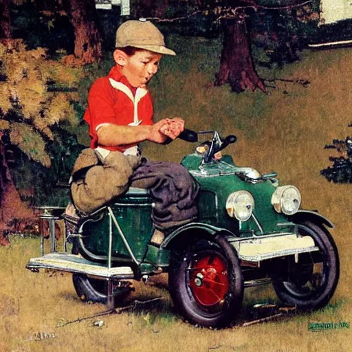 Image similar to a Norman Rockwell painting of a boy driving a hover-car