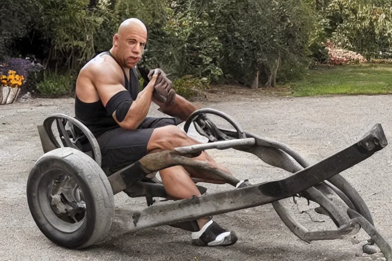 Image similar to Vin Diesel driving a wheelbarrow