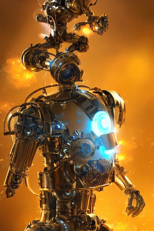 Image similar to chrome colored steampunk robot with electric particle effects, dynamic, action pose, digital painting, WLOP, trending on artstation, 8k, epic composition, highly detailed, sharp focus