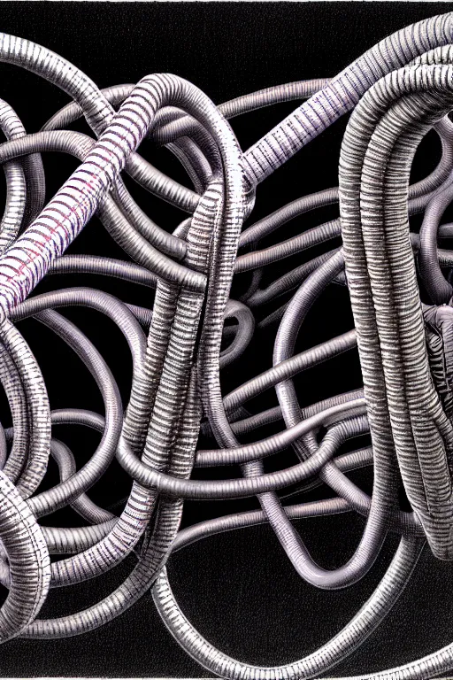Prompt: grey wall of tangled pipes and hoses by thomas ligotti and wayne barlowe