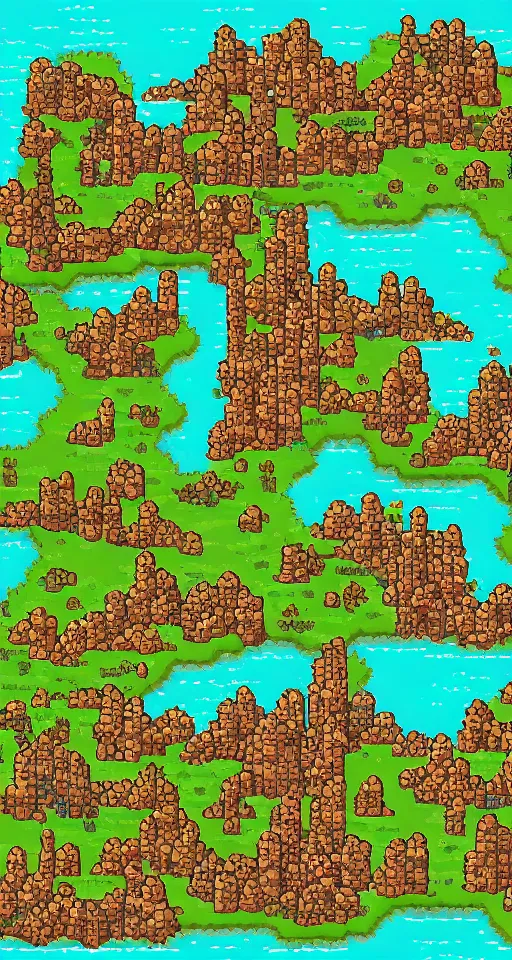 Prompt: overworld map, vintage pixel game, with cities and regions
