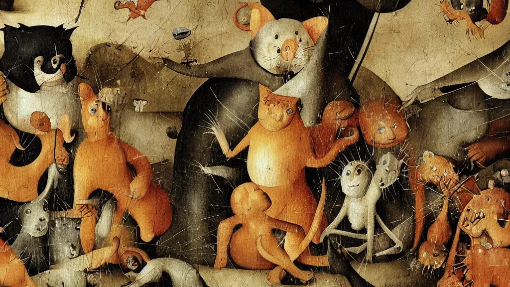 Prompt: detail of a painting by “ hieronymus bosch ” of a closeup view of the monstrous and horrifying “ garfield ” the cat tormenting and teasing sinners in “ the garden of earthly delights ” with odie and nermal.